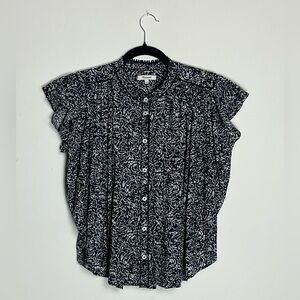 Madewell Black & White Printed Button-Down Flutter Sleeve Top